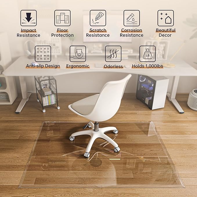 [Tempered Glass] 55“ x 46” Beveled Edge Glass Chair Mat with Polished Edge Clear Office Chair Mat, Glides Smoothly, Suitable for Carpet or Hardwood Floors