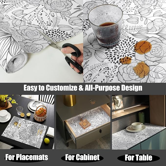 Floral Drawer and Shelf Liner for Kitchen 16IN x 20FT, Non-Adhesive and Strong Non-Slip Cabinet Drawer Liners, Waterproof Thickened Shelf Liner,Easy to Clean,Black and White