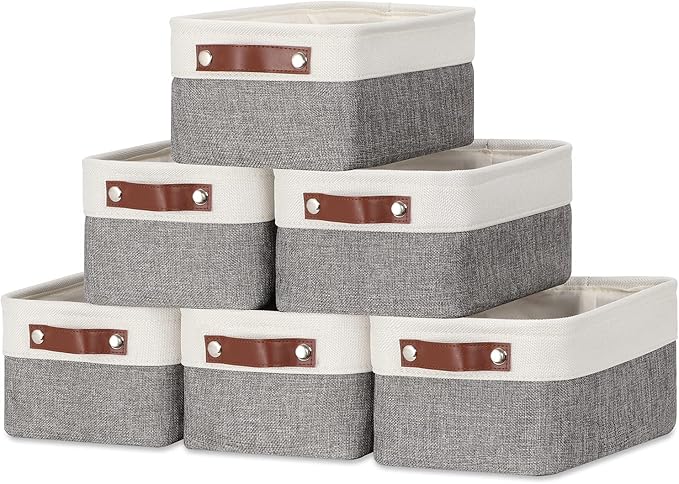 DULLEMELO Small Storage Baskets 6 Pack, Fabric Collapsible Gift Storage Baskets for Shelves, Closets, Nursery, Home, Office Organizing,Small Canvas Linen Rectangular Storage Bins (6-Pack, White&Grey)