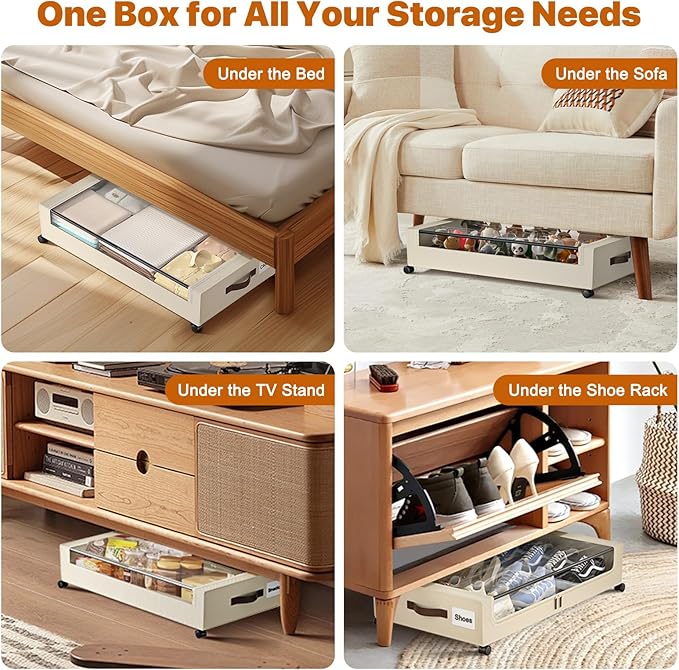 Under Bed Storage with Wheels,XXL 60L Under Bed Storage Containers with Clear Lids, Rolling Under Bed Metal Drawer for Clothes, Shoes,Toys (White, 2 Pack)