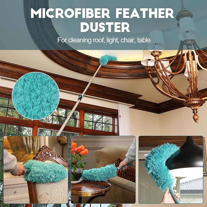 20 Foot High-Reach Duster Kit with 5-12FT Extendable Pole - High Ceiling Duster Cleaning Kit with Telescopic Pole,Cobweb Duster, Chenille Ceiling Fan Duster, Microfiber Feather Duster