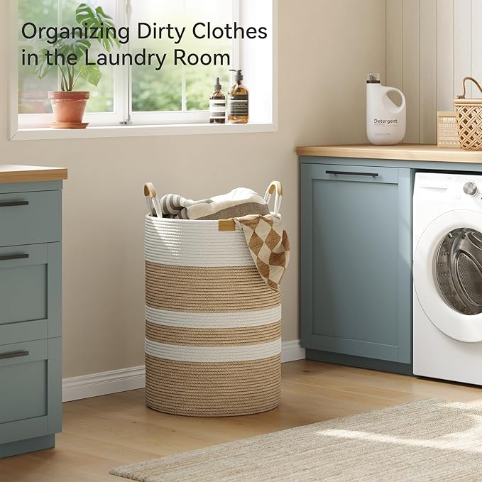 95L Striped Laundry Hamper with Leather Handles,Large Foldable Laundry Basket for Clothes,Cotton Rope Storage Bin for Blankets,Woven Clothes Basket for Bedroom,Beige Stripes