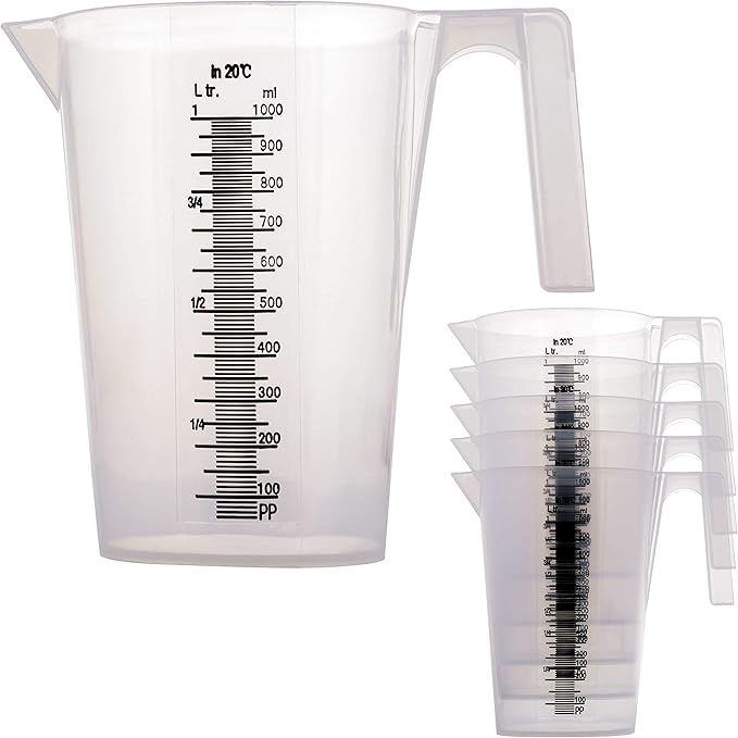TCP Global 1 Liter (1000ml) Plastic Graduated Measuring and Mixing Pitcher (Pack of 6) - Holds Over 1 Quart (32oz) - Pouring Cups, Measure & Mix Paint, Resin, Epoxy, Kitchen Cooking Baking Ingredients