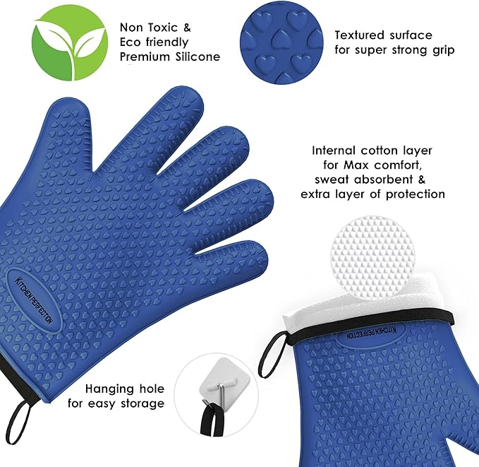 KITCHEN PERFECTION Silicone Smoker Oven Gloves -Extreme Heat Resistant BBQ Gloves -Handle Hot Food Right on Your Smoker Grill Fryer Pit|Waterproof Oven Mitts Grill Gloves |Superior Value Set+3 Bonuses