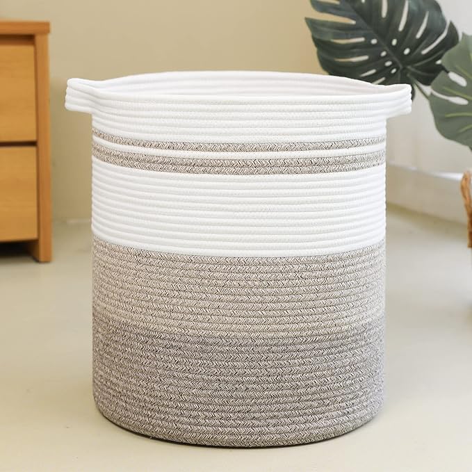 OIAHOMY 58L Laundry Baskets-Laundry Hamper, Storage Basket with Handles, Decorative Basket for Living room, Woven Storage Basket for Toys Bin, Pillows, Blankets, Clothes-18x16in-Gradient Brown