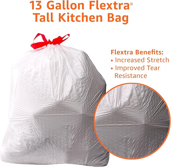 Amazon Basics Flextra Tall Kitchen Drawstring Trash Bags, 13 Gallon, 90 Count