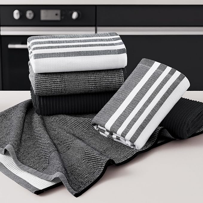 Homaxy Premium Kitchen Towels(18”x 28”, 3 Pack), Large Cotton 380 GSM Kitchen Hand Towels, Soft and Absorbent Terry Dish Towels, Multipurpose Tea Towel Set with Hanging Loop, Black