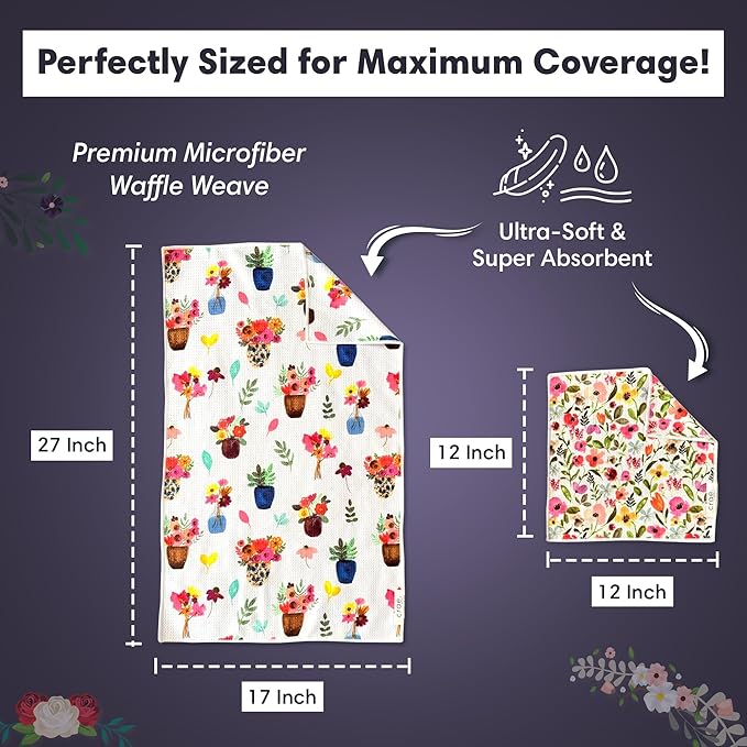 Microfiber Hand Towel & Washcloth Set of 2 - Double-Sided, Waffle Weave, Super Absorbent, Lint-Free, Fast Drying - Stars & Stripes Pattern for Bathroom, Kitchen, Car, and Window Cleaning