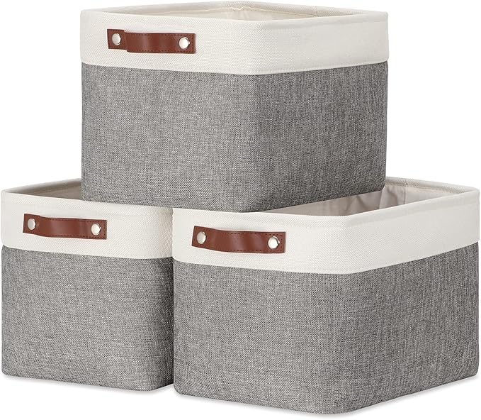 DULLEMELO Storage Baskets for Organizing, Rectangular Fabric Storage Bins Collapsible, Perfect for Shelves, Closets, Empty Gift Baskets (3-Pack Medium-15 inch X 11 inch X 9.5 inch , White&Grey)