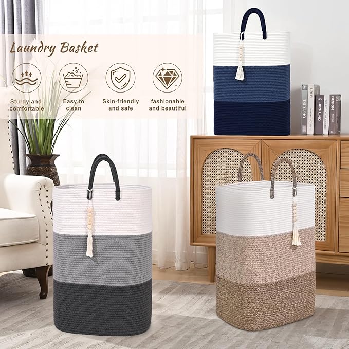 Woven Laundry Basket for Clothes,65 L Large Rectangle Laundry Hampers with Beads Tassel, Nursery Storage Basket for Toys, Tall Dirty Clothes Hamper for Bedroom Aesthetic, Laundry Room Organization