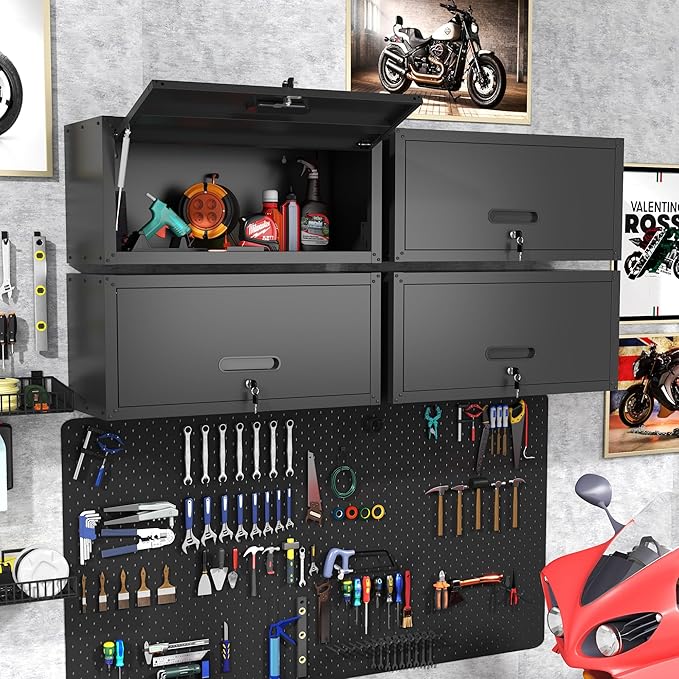 Garage Wall Cabinet with Flip-Up Door, Lockable Metal Storage Cabinet Wall Mounted, Hanging Tool Cabinet for Garage Basement Utility Room, Black