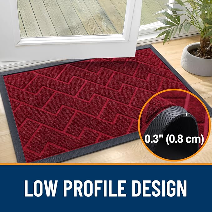 OLANLY Front Door Mat Indoor Outdoor Entrance, Waterproof All-Season, All-Weather Doormat, Sturdy Natural Rubber, Low Profile, Easy Clean Patio Porch Entryway Mat, Herringbone Brick (Wine Red, 36x24)