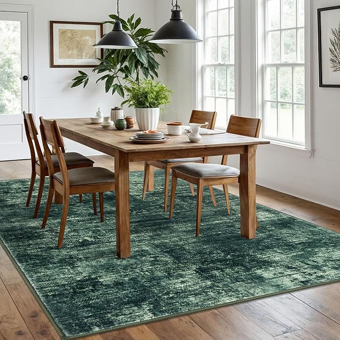 IOHOUZE Abstract Area Rugs 6x9 Ft Washable Rugs for Living Room, Non Slip Dining Room Rug, Printed Faux Wool Rugs for Bedroom, Floor Carpet for Office Nursery Playroom, Dark Green