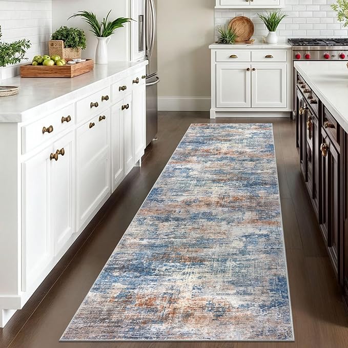 IOHOUZE Abstract Runner Rug 3x10 Ft Washable Runners for Hallways, Non Slip Kitchen Runner Printed Faux Wool Entryway Runner Indoor, Modern Abstract Floor Carpet for Hall Bedroom, Blue Rust
