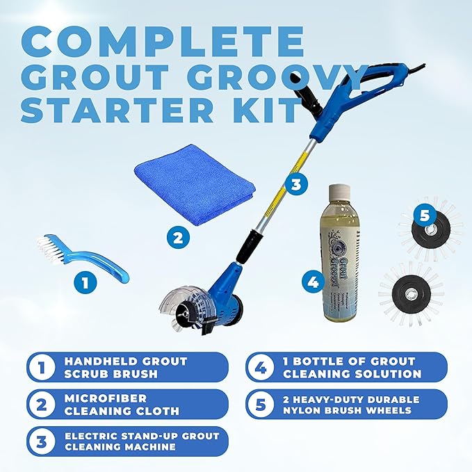 Grout Groovy! Electric Stand-Up Lightweight Grout Cleaning Machine – Large Tile Grout Cleaner for Deep Cleaning Kitchen Floors, Bathrooms & Tile Surfaces | Easy-to-Use Electric Floor Scrubber Machine