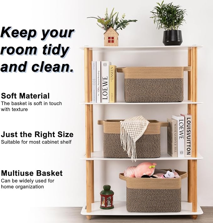 OIAHOMY 3 Pack Storage Basket for Organizing, 13''X9.85''X8.7'' Storage Bins,Woven Basket Basket with Handles, Toy Storage Basket Bin,Stylish Room Decor Basket, Brown & Black