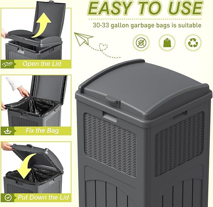 Greesum 33 Gallon Outdoor Trash Can with Lid (2-Pack), Heavy Duty Resin Garbage Bin, Waterproof & UV Resistant for Patio, Garden, Deck, Yard, Gray