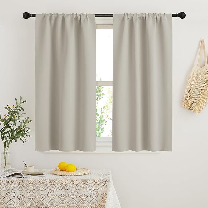 RYB HOME Blackout Short Cafe Curtains, Privacy Light Block Small Window Curtains for Bedroom Kitchen Basement Dining Classroom, W 34 x L 24 inches, Natural, 2 Panels