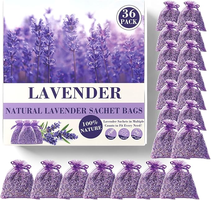 36 Pack French Dried Lavender Sachet Bags, 100% Natural Lavender Bags for Drawers and Closets, Potpourri Air Freshener, Bulk Sachet Gift for Scents Home, Wedding