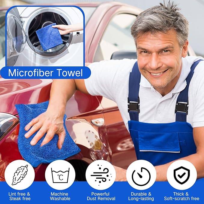 200 Pieces Microfiber Cleaning Cloths Bulk Absorbent Microfiber Towels Reusable Lint-Free Streak Free Wash Rags for House Kitchen Office Restaurants Bar Shop Car, 12 x 12 Inches (Royal Blue)
