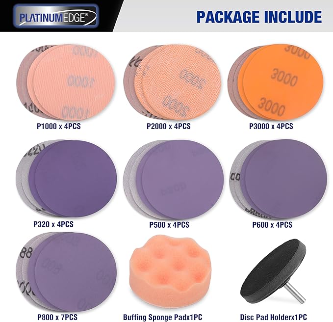 PLATINUMEDGE Car Headlight Restoration Kit, 3 inch Car Headlights Lens Polishing Sanding Discs with 3 inch Buffing Polish Pads for Drill, 30 Pc Car Headlight Restorer and Renewer Kit