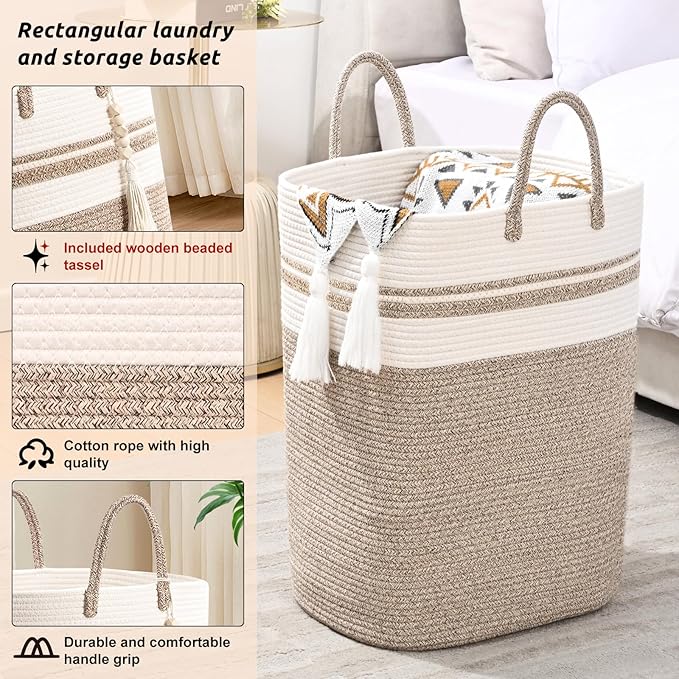 Woven Laundry Basket for Clothes, 80 L Large Rectangle Laundry Hampers with Beads Tassel, Nursery Storage Basket for Toys, Tall Dirty Clothes Hamper for Bedroom Aesthetic, Laundry Room Organization