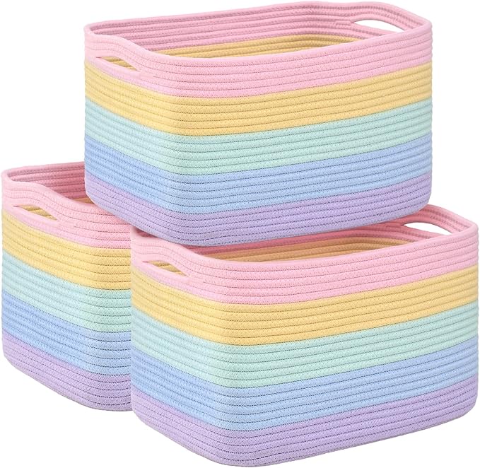 Shelf Baskets for Organizing, Woven Storage Basket for Shelves，Cotton Rope Storage Bins for Toys Books, Nursery Towel Baskets for Classroom, 14.96"X9.8"X8.85", 3-Pack Pastel Rainbow