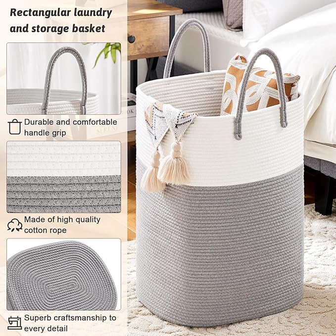 Laundry Basket,Woven Cotton Rope Laundry Hamper,Versatile Storage for Dirty Clothes,Baby Toys,and Blankets in Bathroom, Nursery,and Living Room (Grey, 100L)
