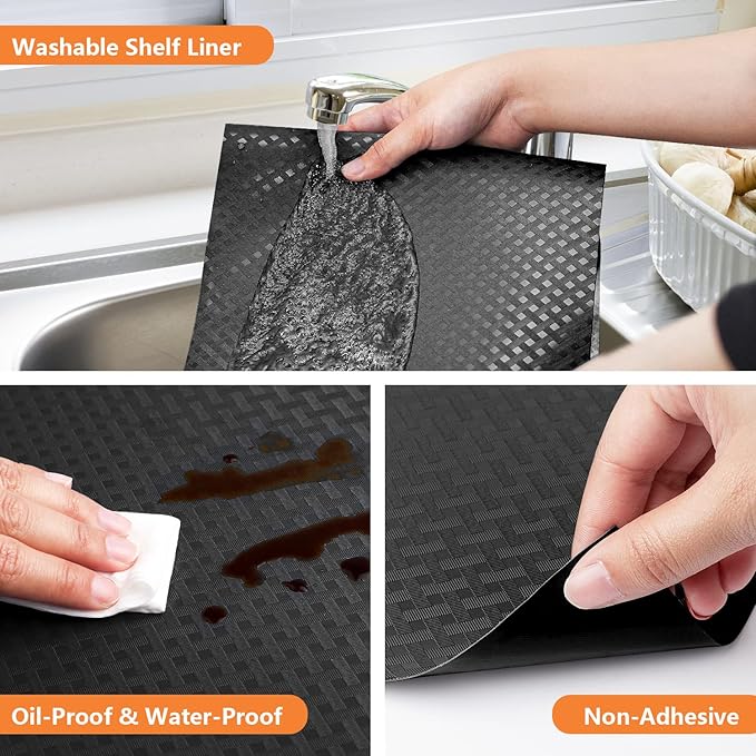 Shelf Liners for Kitchen Cabinets Refrigerator Liners Waterproof & Oil-Proof Kitchen Cupboard Liner Non-Slip Drawer Mats EVA Material Non Adhesive Fridge Liner for Shelves - Black 23.6 x 157.4 Inches