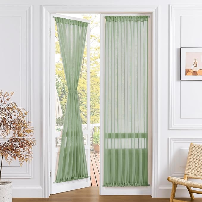 Tollpiz Sheer Door Curtain Closet Linen Textured Curtain Sheers Doorway Light Filtering Voile French Door Rod Pocket Curtains Patio Door, 25 x 80 inches Long, Sage Green, Set of 1 Panel