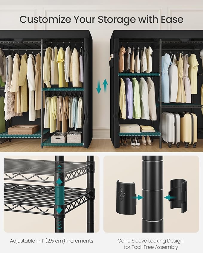 SONGMICS Heavy-Duty Clothes Rack, Garment Rack, Portable Closet, 68.7-Inch Wide Clothing Rack with Adjustable Mesh Shelves and Hanging Rails, Ink Black ULGR435B01