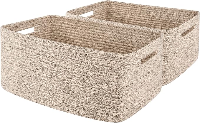 OIAHOMY Storage Basket for Shelves, Closet Cube Storage Bins Baskets for Clothes Blanket Towels, Baby Nursery, Toy Baskets Box, Woven Rope Basket, 17.72*12.99*7.87 IN, 2 Packs Brown
