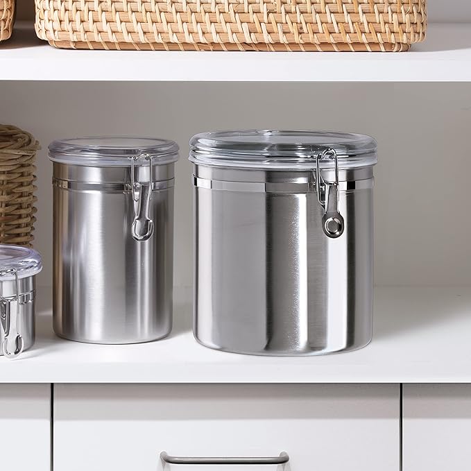 OGGI Stainless Steel Kitchen Canister 52 fl oz - Airtight Clamp Lid, Clear See-Thru Top - Ideal for Kitchen Storage, Food Storage, Pantry Storage. Large Size 5" x 6".
