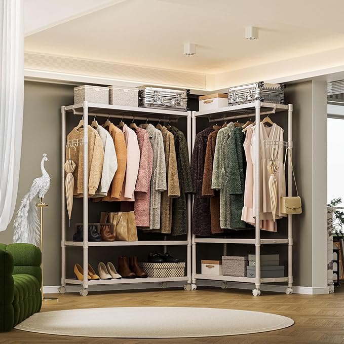 IZEUK Heavy Duty Rolling Garment Rack Wire Clothes Rack for Hanging Clothes, Metal Freestanding Closet Wardrobe Rack 3-Tier Clothing Rack with Wooden Boards Gold 17.7" D x 33.5" W x 70.3" H