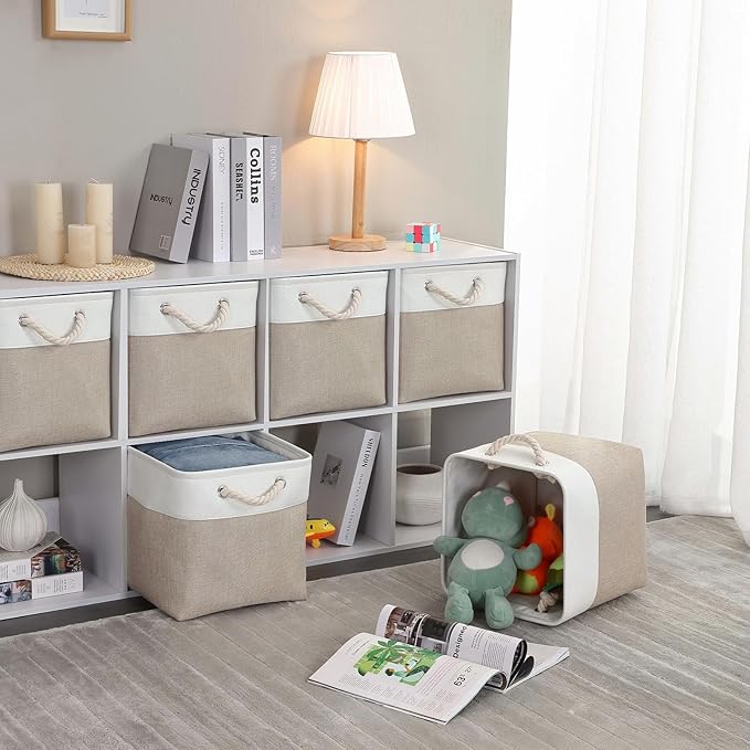 Mangata Canvas Storage Boxes, 11.8 Inch Cube Storage Bins Set of 6 for 12 Inch Cabinets, Fabric Baskets with Cotton Rope Handle for Organizing Clothes Nursery Home (Khaki/White)