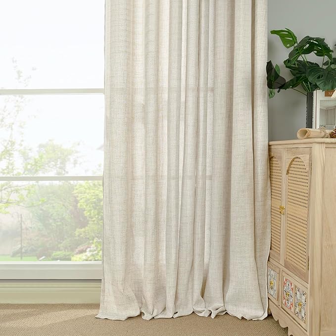 YoungsTex Linen Curtains 90 Inch Length for Living Room, Light Filtering Semi Sheer Window Drapes Rod Pocket Back Tab Curtain for Bedroom Dining Room Office Privacy, 2 Panels, 52 X 90 Inch