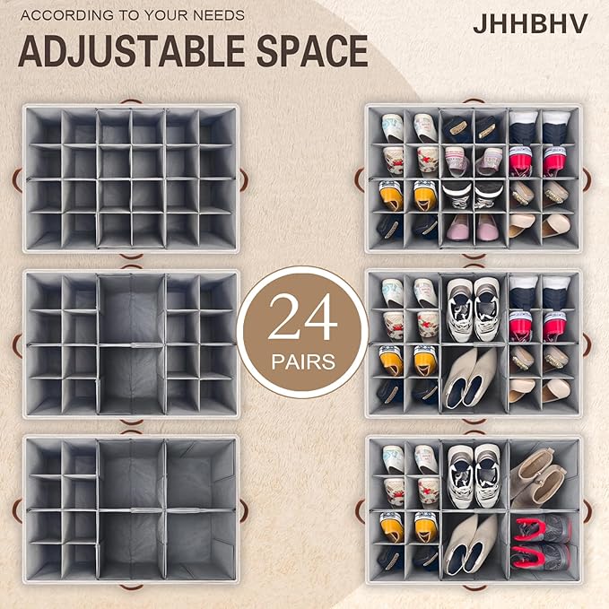 2 Pack Shoe Organizer for Closet, Adjustable Shoe Box Storage Containers, Large Foldable Shoe Bins with Clear Cover, Space Saving Shoes Holder with 4 Handles, Fits 24-48 Pairs, Beige