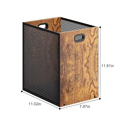 Retro Office Trash Can, Iron and Wood Combination Bedroom Garbage Can, Rectangular Design Wastebasket with Handle, Industrial Style Trash Can for Home Office, 11.02" X 7.87" X 11.81" 4.5 Gallon (2)