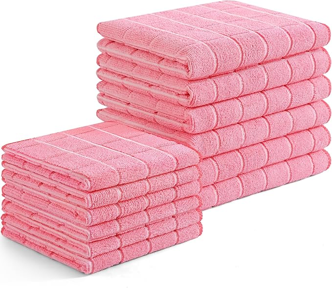 Homaxy Microfiber Kitchen Towels and Dishcloths Set, 12 Pack Soft and Absorbent Dish Hand Towels Bulk, 28 x 16 Inch & 12 x 12 Inch Quick Drying Rags for Washing Dishes, Pink