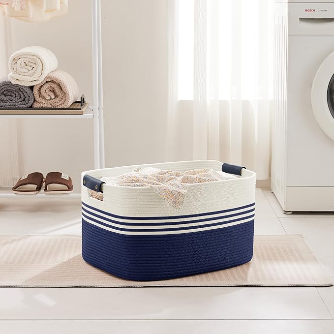 60L Large Laundry Basket with Leather Handles for Living Room Storage, Woven Rope Baskets Bin for Blanket, Kids Toy, Gifts, Wicker Hamper for Bedroom Dirty Clothes, 21"x15"x11" White Navy