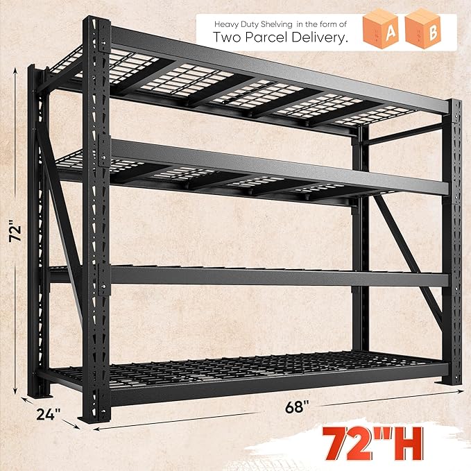 Bepatio 9400LBS Garage Shelving Heavy Duty 67.6W Storage Shelves Adjustable Metal Shelving 4 Tier Utility Shelf for Warehouse Basement Shop, Black 67.6''Wx23.7''Dx72''H, 2PCS
