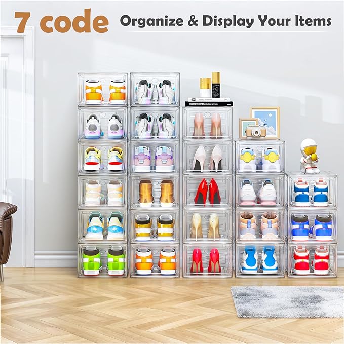 7 code Large Clear Shoe Boxes Organizer【Thicker Material】 Stronger Shoe Box with Magnetic Door, Stackable Shoe Storage Box for Closet, Foldable Space-Saving Storage Bins Shoe Cabinet, White 9 Pack