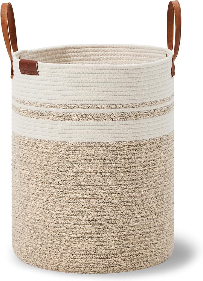 VIPOSCO Tall Laundry Basket, Large Dirty Clothes Hamper with Leather Handle, Woven Rope Storage Basket for Blanket, Toy In Living Room, Bathroom, Bedroom - 53L Brown & White