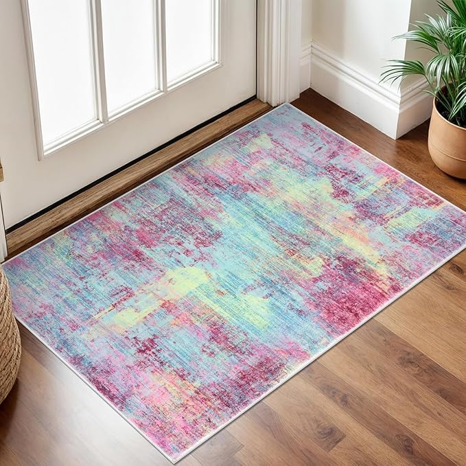 IOHOUZE Small Abstract Area Rug 2x3 Ft Entryway Rugs Washable Door Mat Indoor Entrance, Rubber Backed Throw Rugs, Printed Faux Wool Non Slip Floor Carpet for Foyer Front Door Sink, Pink Teal