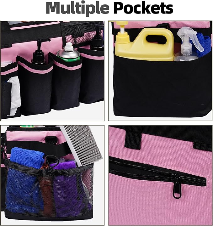 Large Cleaning Caddy, Professional Wearable Supplies Bag for Housekeepers, House Cleaners, and Car Detailing - Organizer Tote With Handle, Pink