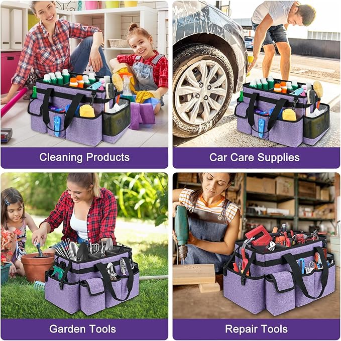Cleaning Caddy Bag,Large Cleaning Supplies Organizer with Handle for Housekeepers,Purple