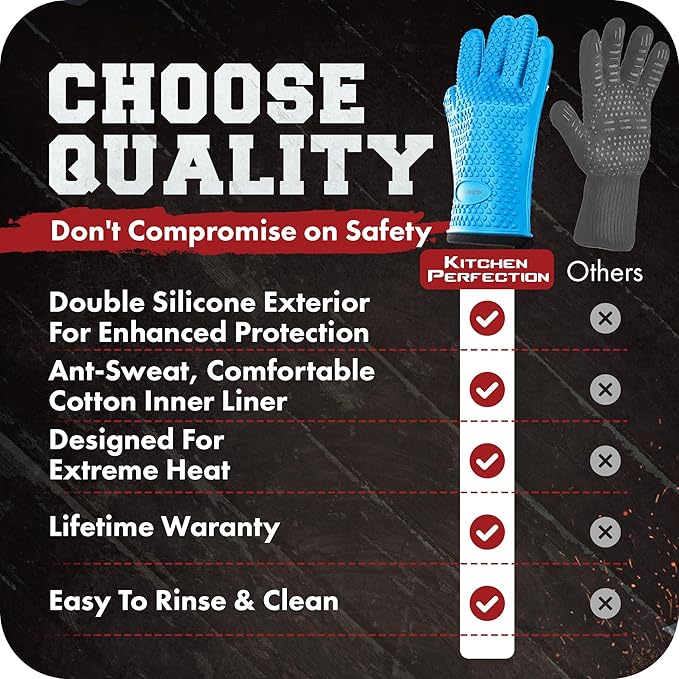KITCHEN PERFECTION XL Silicone Smoker Oven Gloves-Extreme HeatResistant Gloves-Handle Hot Food Right on Your Grill BBQ Fryer&Pit|Waterproof Grilling Cooking&Baking Mitts|Superior Value Set+3 Bonuses