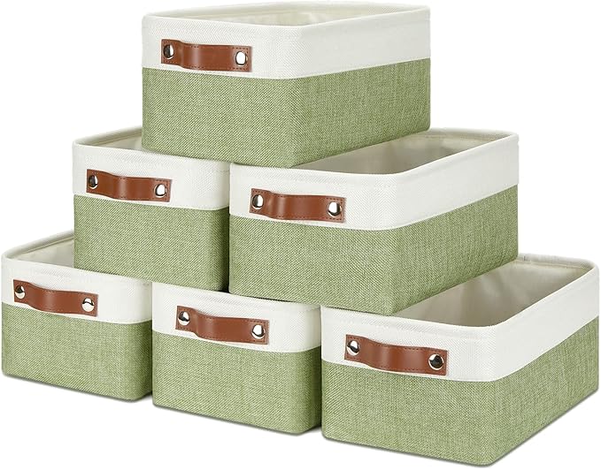 DULLEMELO Storage Baskets for Shelves, Small Fabric Collapsible Rectangular Storage Baskets for Organizing, Closets, Nursery, Home, Office, Empty Gift Baskets (6-Pack, White&Green)