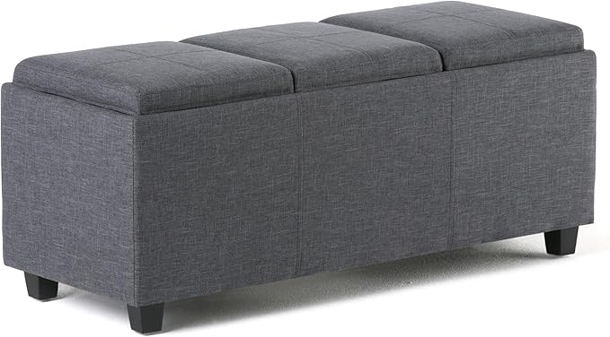 SIMPLIHOME Avalon 42 Inch Wide Contemporary Rectangle Storage Ottoman in Slate Grey Linen Look Fabric, Assembled, For the Living Room, Entryway and Family Room
