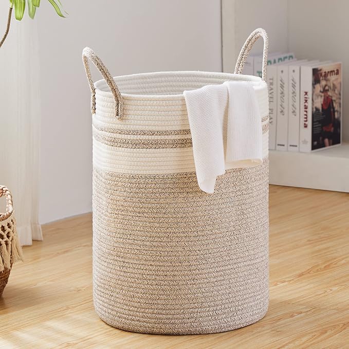 Large Laundry Hamper, Tall Woven Storage Basket for Blankets, Cotton Baby Nursery Hamper, Toys and Dirty Clothes in Bedroom and Living Room Organizing - 58L Brown & White
